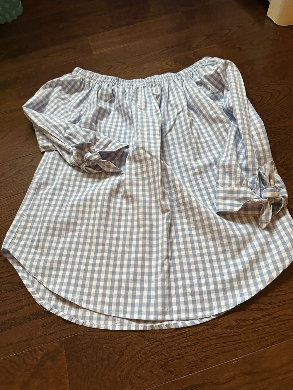 Off-Shoulder Light Blue Gingham Blouse with Tie Sleeves
